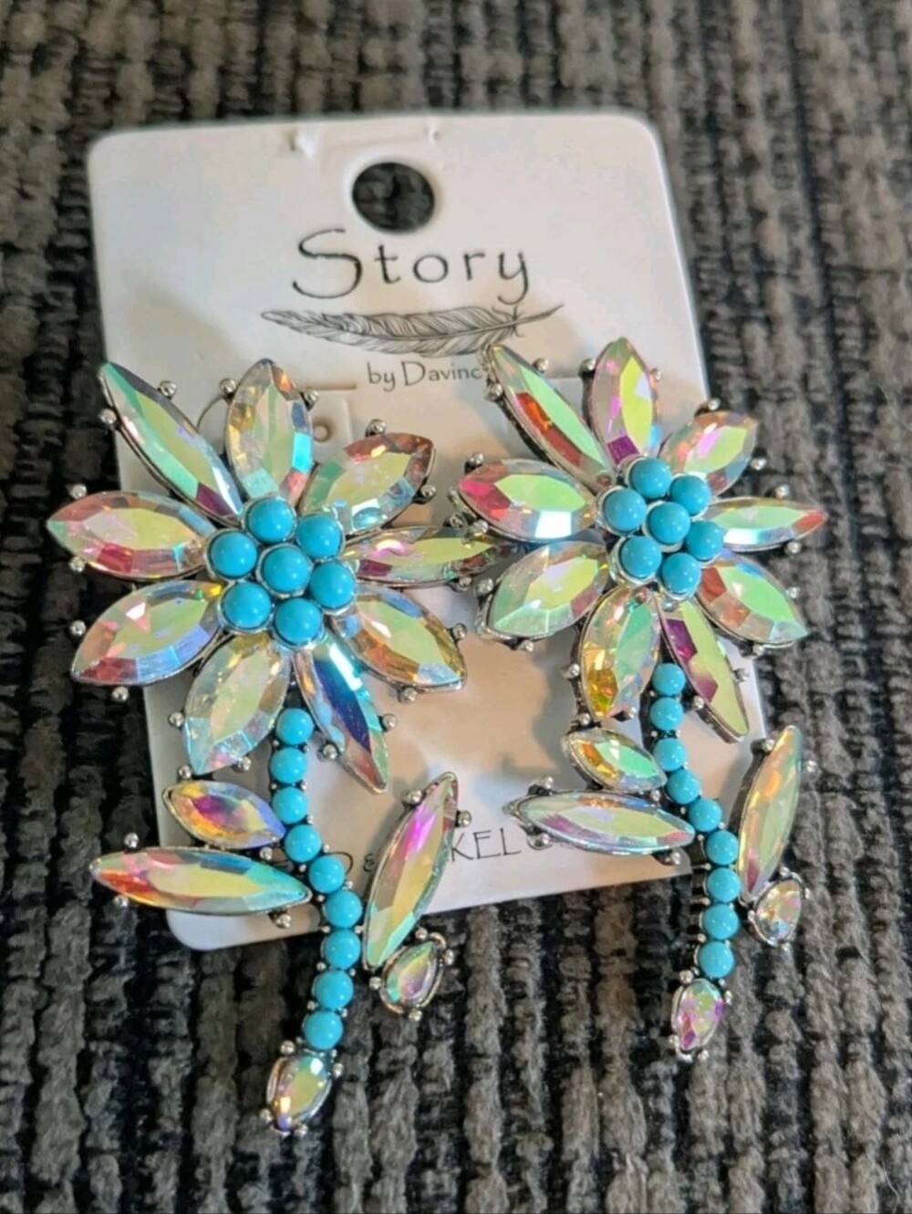 Turquoise AB Crystal Floral Statement Earrings | Marquise Rhinestone Post Back